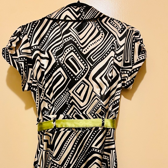 Women’s Petite Taller Sz 8 Bethany Dress Geometric Blk, Cream Chartreuse Ribbon - Picture 3 of 6